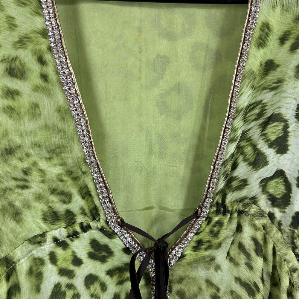 Kasia De Gelaque Dress One Size Kaftan Silk Maxi Leopard Green Rhinestone Boho - Picture 5 of 12
